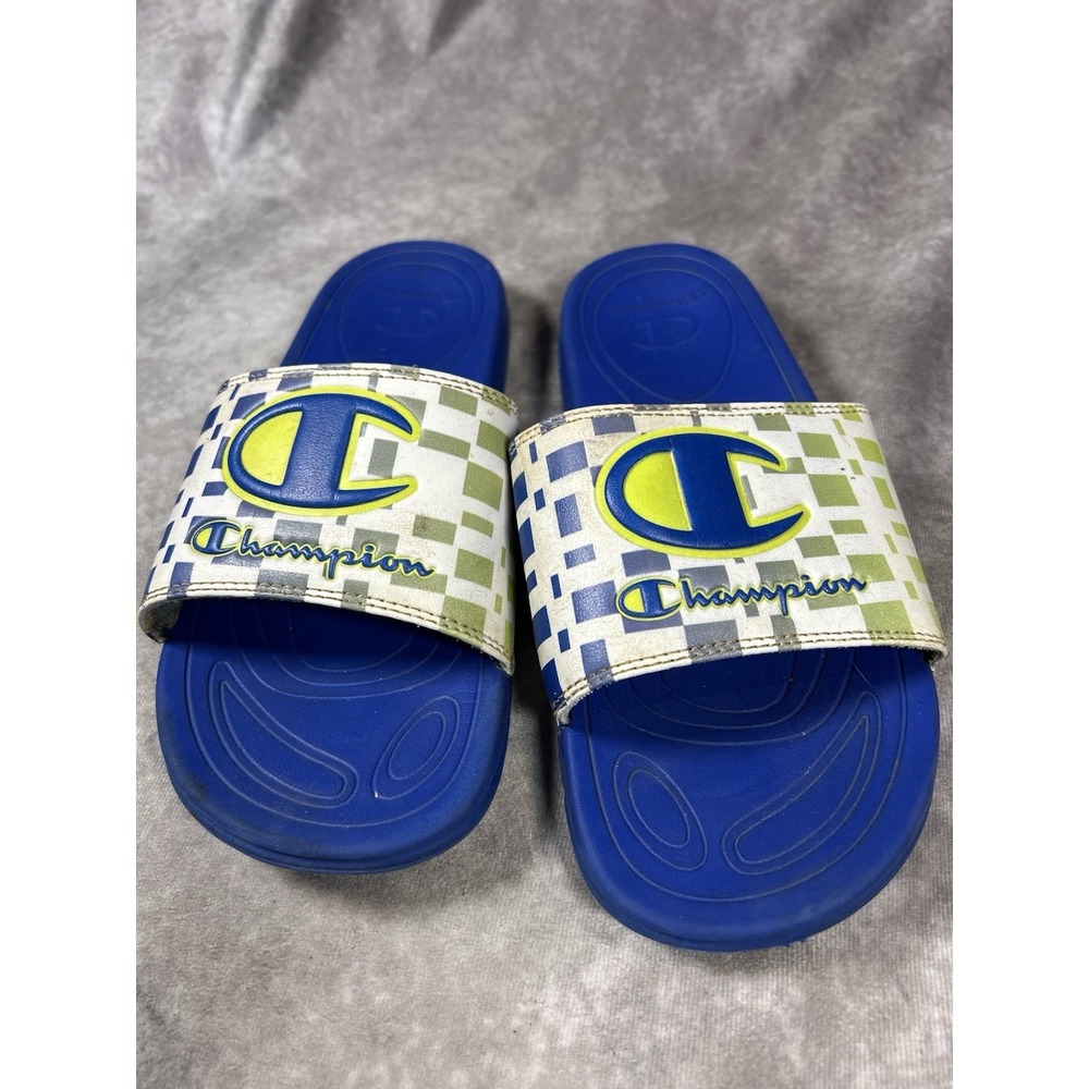 Champion Slide Sandals Youth Size 7Y Blue White Lime Graphic Comfort Slip On